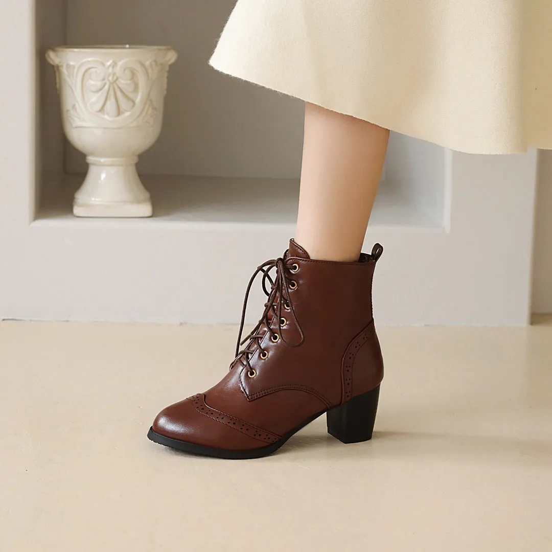 Women's vintage brogue lace-up block heels booties England style oxford ankle boots
