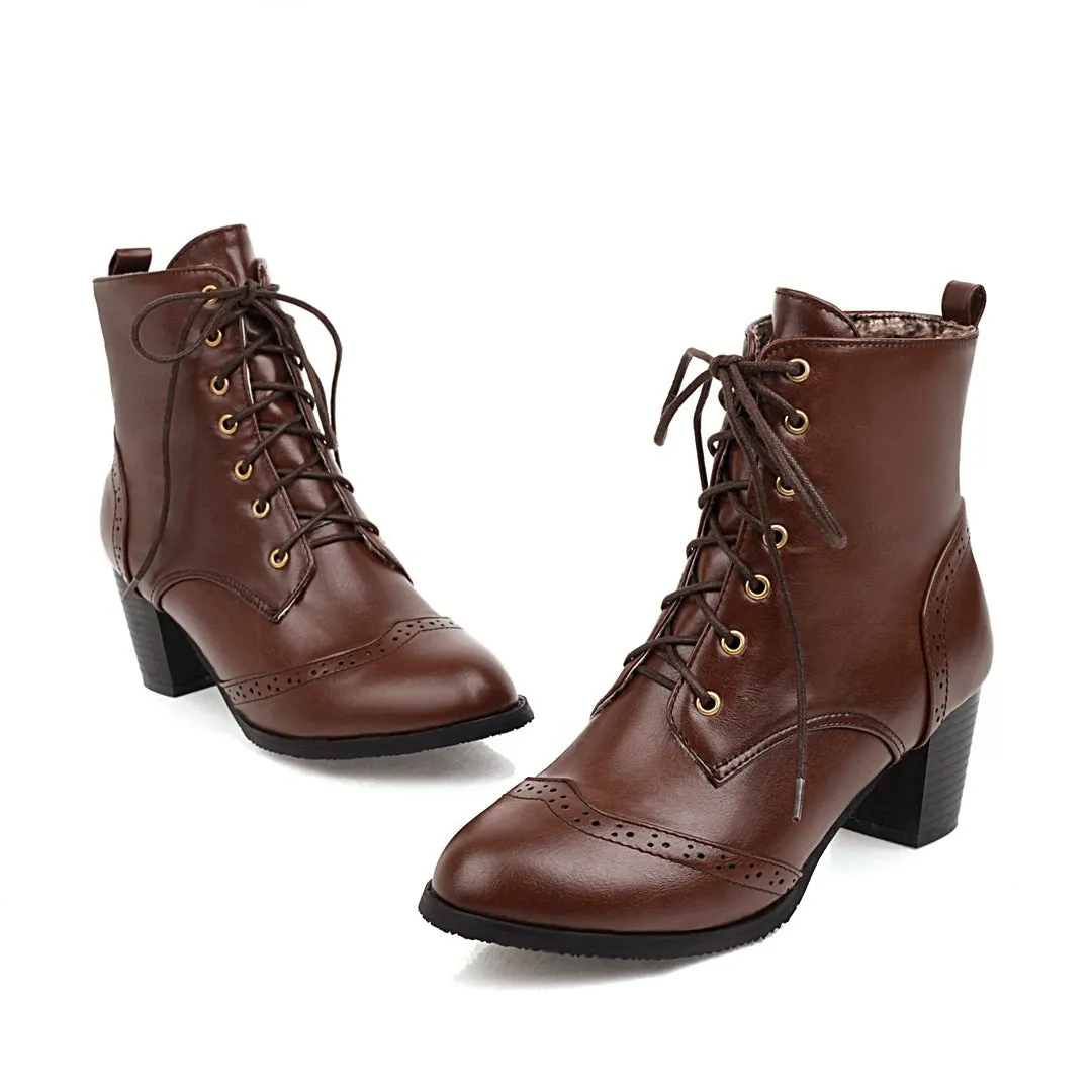 Women's vintage brogue lace-up block heels booties England style oxford ankle boots