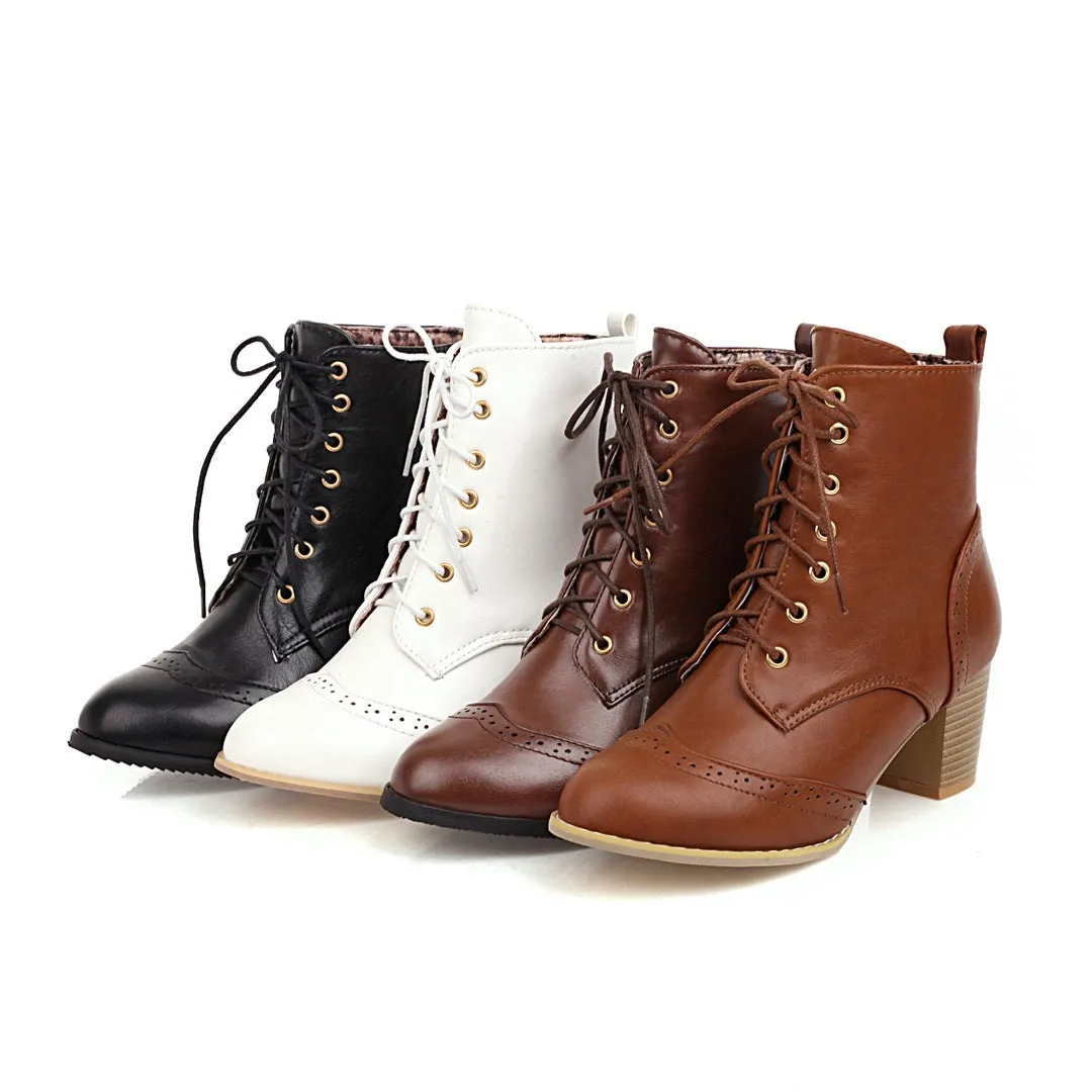 Women's vintage brogue lace-up block heels booties England style oxford ankle boots