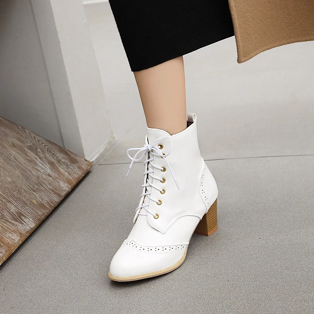 Women's vintage brogue lace-up block heels booties England style oxford ankle boots