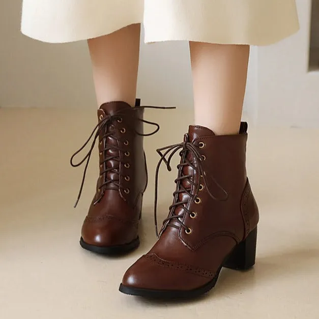 Women's vintage brogue lace-up block heels booties England style oxford ankle boots