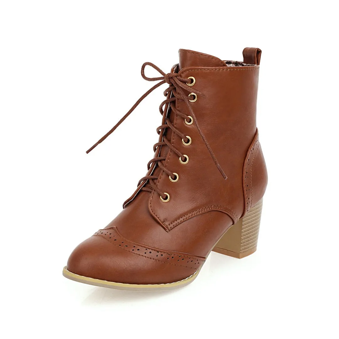 Women's vintage brogue lace-up block heels booties England style oxford ankle boots