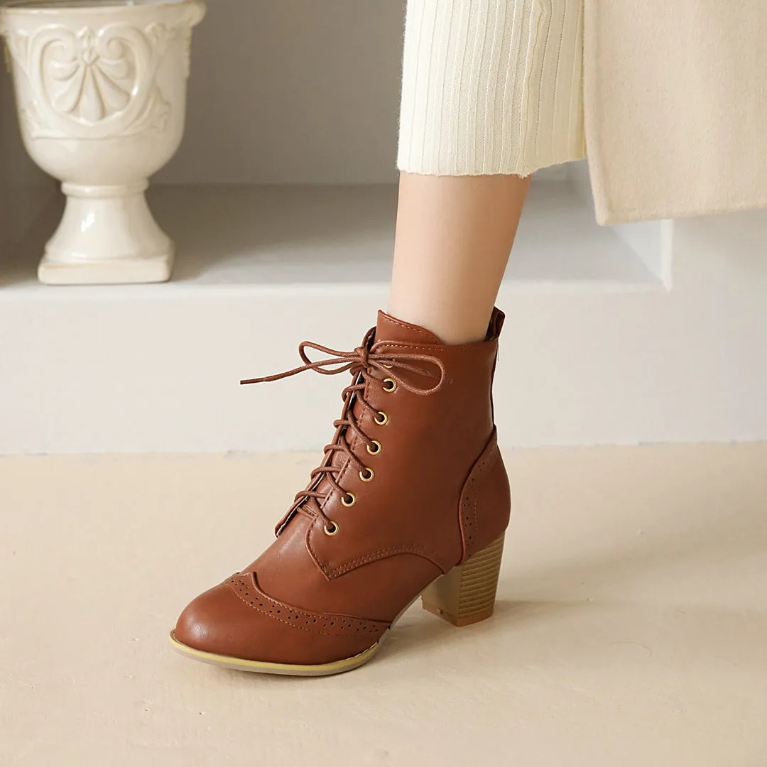Women's vintage brogue lace-up block heels booties England style oxford ankle boots