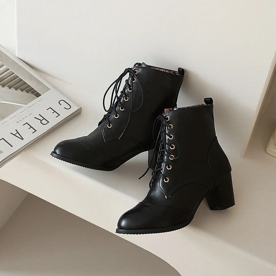 Women's vintage brogue lace-up block heels booties England style oxford ankle boots