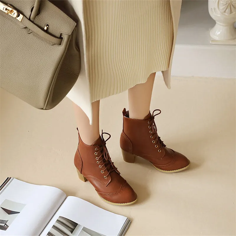 Women's vintage brogue lace-up block heels booties England style oxford ankle boots