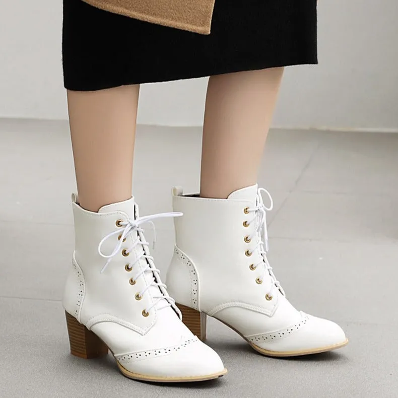 Women's vintage brogue lace-up block heels booties England style oxford ankle boots