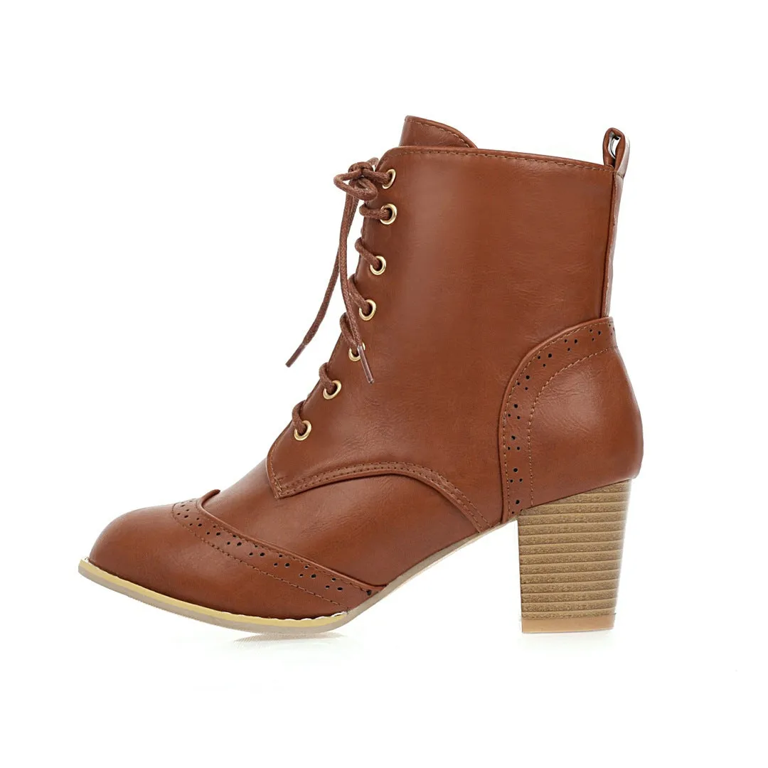 Women's vintage brogue lace-up block heels booties England style oxford ankle boots