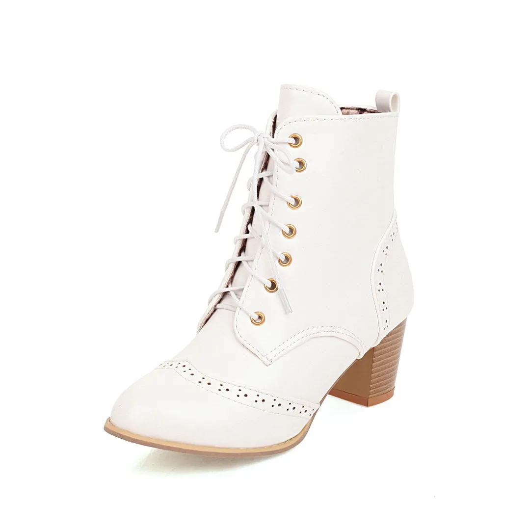 Women's vintage brogue lace-up block heels booties England style oxford ankle boots