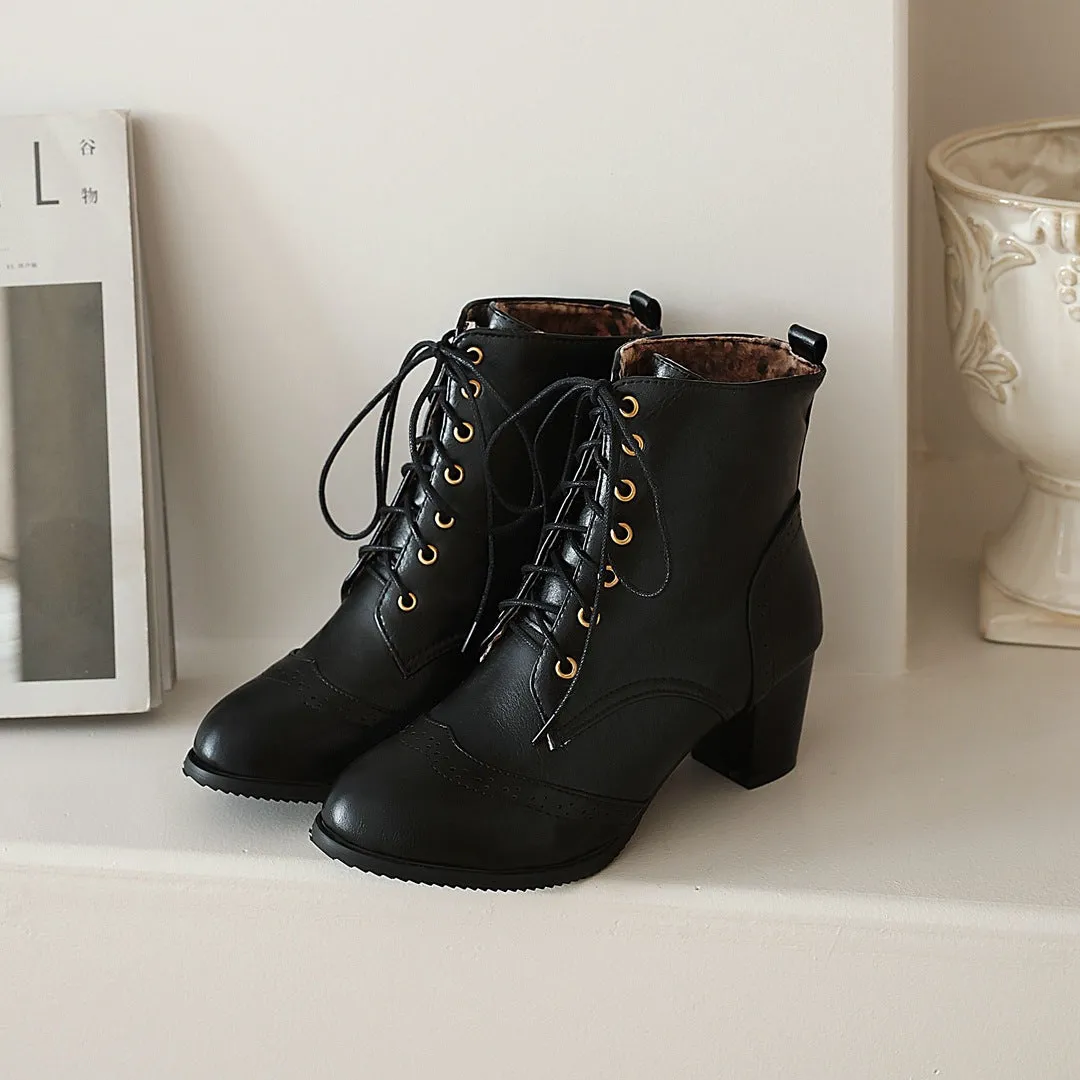 Women's vintage brogue lace-up block heels booties England style oxford ankle boots